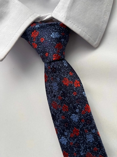 Gravata Slim Fit Floral Azul Marinho e Vermelha - 2400 Fios