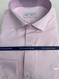 Camisa Social Slim Fit Branca com Riscas Rosa- Fibra de Bambu - DF Gravatas 