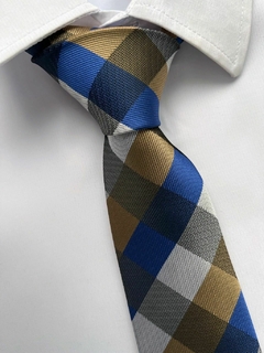 Gravata Xadrez Semi Slim Azul com Marrom