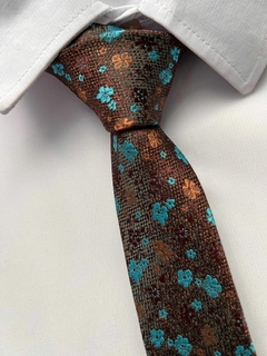 Gravata Slim Fit Floral Marrom - 2400 Fios