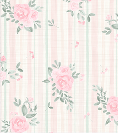 TRICOLINE FLORAL ROSAS EM AQUARELA - AG - Fundo LINHO OFF WHITE COM LISTRAS - estamparia digital - 0,50m X 1,50m