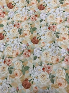 FLORAL ROSAS SUAVES EM FUNDO GEOMÉTRICO - Tricoline Digita- 0,50m X 1,50m - comprar online