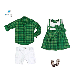 Conjunto irmãos Natal xadrez verde - Camisa e Vestido (duas peças)