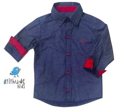 Camisa Giuliano - Azul marinho poá com detalhes em vermelho.