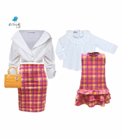 Conjunto Tal mãe, Tal filha | Maria (Três peças) Saia Bata e Vestido | XADREZ LARANJA COM PINK