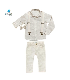 Conjunto Fausto - Calça Alfaiataria Linho, camisa linho off white e acessórios (4 peças) | Bege Claro | Linho - comprar online