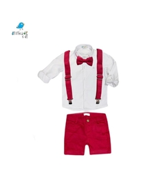 Conjunto Teddy - Camisa Branca e Bermuda Vermelha gravata e suspensório(quatro peças)
