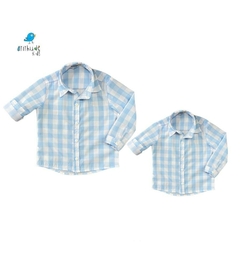 Kit camisa Mário - Tal pai, tal filho xadrez azul bebe (duas peças)