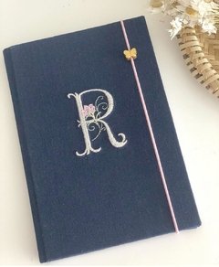 Caderno Pequeno Monograma Pautado Azul Marinho