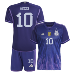 Kit Selección Argentina Suplente Adidas 3 Estrellas 2022 + Parche Campeón del Mundo #10 Messi - Infantil