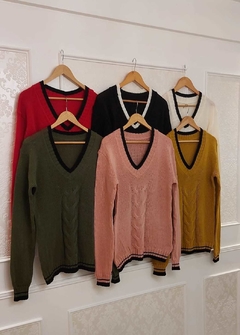 Sweater Priscila Escote En V Con Bordes En Negro Y Detalle De Trenza Art 9325 en internet