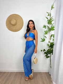 Calça Tela Azul Céu Ponteira Dourada - comprar online