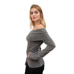 Blusa ombro a ombro decote dobrado em crochet manga longa com dedinho - loja online