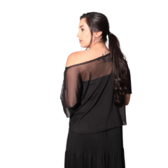 Blusa ombro á ombro manga curta em tule span com faixa em tule - RP Collection