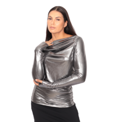Blusa drapeada com dedinho manga longa em malha fria metalizada PRATA na internet