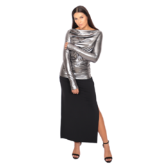 Blusa drapeada com dedinho manga longa em malha fria metalizada PRATA - loja online
