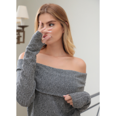Imagem do Blusa ombro a ombro decote dobrado em crochet manga longa com dedinho