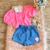 Conjunto Blusa Manga Curta E Short Saia Rosa Neon Kukiê