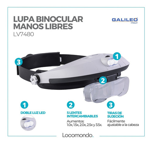 Lupa Binocular Manos Libres Galileo con Doble Luz Led LV7480