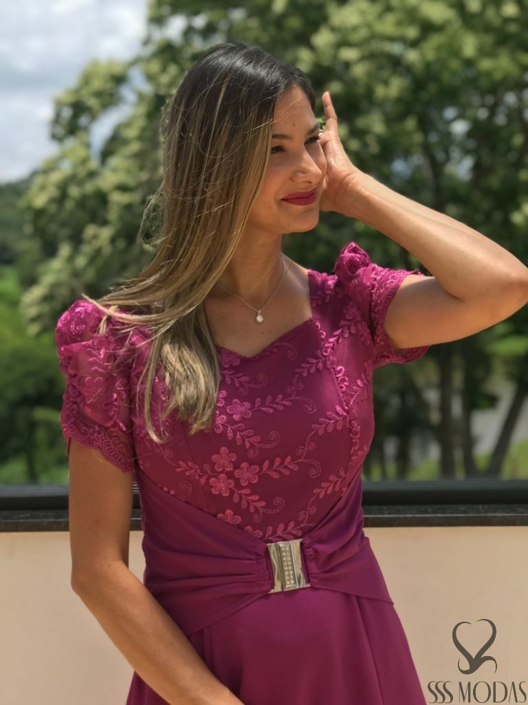 Vestido Longo com Tule Bordado para Festa - LFE