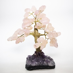 Árvore da vida de Quartzo Rosa com base em drusa de ametista