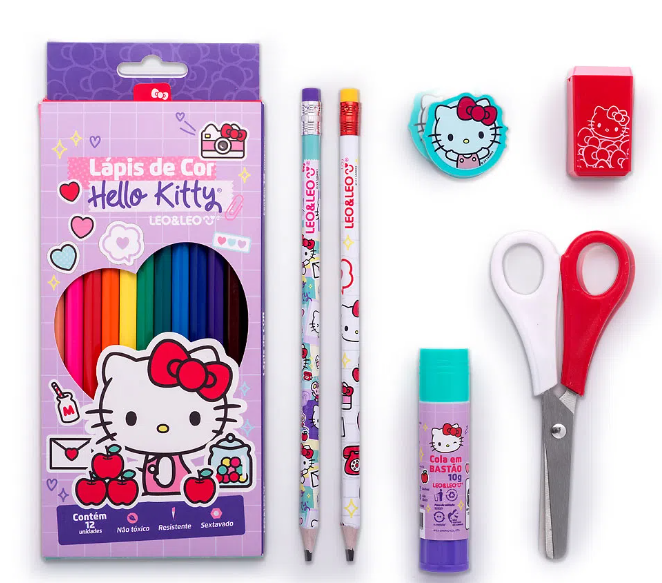 Kit Escolar + Lápis de cor 12 cores Hello Kitty Leo&Leo