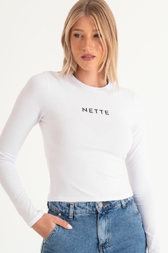 Remera mangas largas de algodón con lycra con estampa texto (NETTE) - tienda online