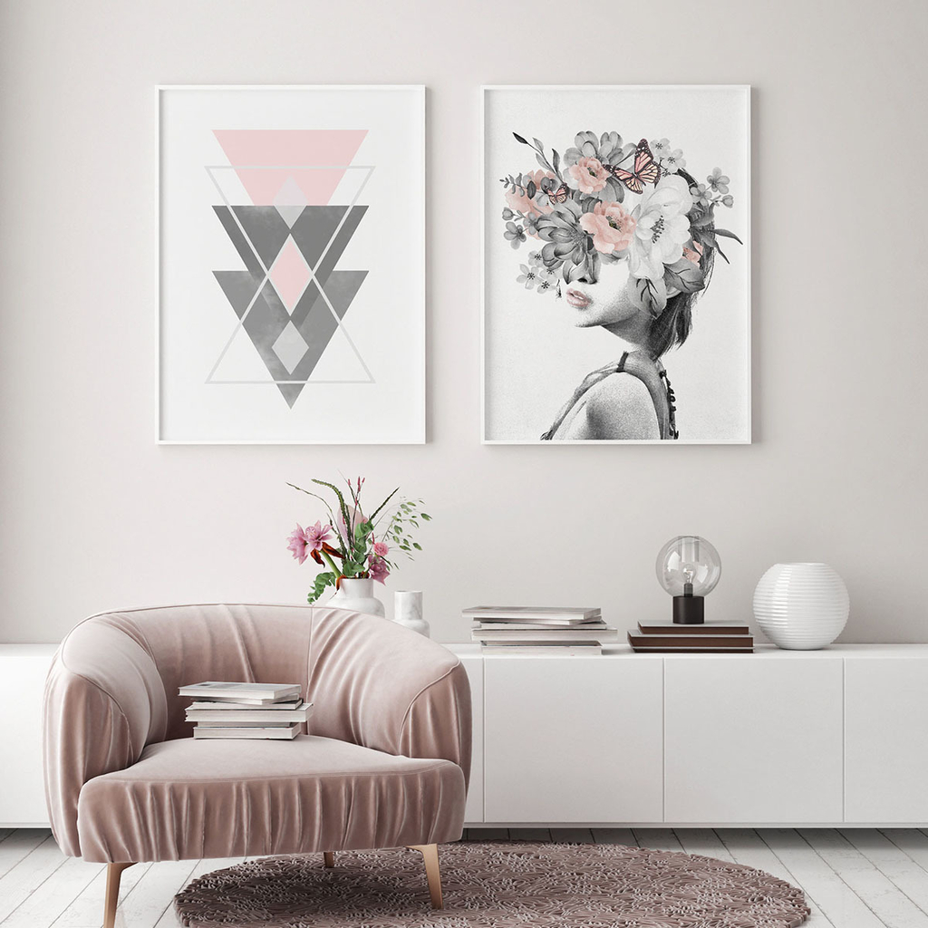 Dupla de Quadros Decorativos - Minimalista, Preto e Branco, Mulher com  Flores Rosa, Geométrico