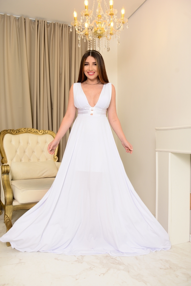 Vestido de casamento civil longo flu do com decote em V e la o nas c