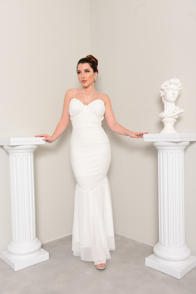 Vestido de noiva longo sereia Ayla com detalhe de babados em tule