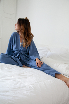Conjunto moletom com felpa kimono + calça pijama azul