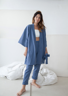 Conjunto moletom com felpa kimono + calça pijama azul - comprar online