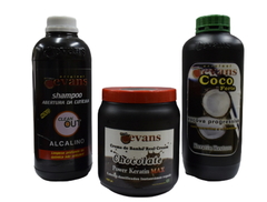 Combo 1 Shampoo de Apertura de Cutícula x 1000 cc + 1 Crema de Baño Real Cream - Chocolate x 1000 g + 1 Alisado Súper Forte Coco x 1000 cc - Evans