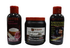 Combo 1 Botox Proteína de Arroz y Melito de Rosas x 500 cc + 1 Crema de Baño Real Cream - Chocolate x 1000 g + 1 Plastificado Cauterizador Bio - Molecular x 500 cc - Evans