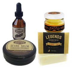 Combo 1 Beard Oil - Aceite para Barba Fragancia Coco x 30 ml + 1 Beard Balm Hawaiian Coconut - Bálsamo para Barba x 45 g + 1 Mo Wax - Cera para Modelar Bigote x 20 g - 1 Jabón Exfoliante de Coco x 100 g - Legends