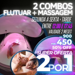 2 por 1 Combo Flutuar + Massagem | 60+60 min | dia útil - tarde | entre 12:00 e 17:45 | Validade 2 meses | BF