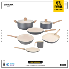 Set Ollas Sarten Wok Cocina Gris Crema Antiadherte 9 pz