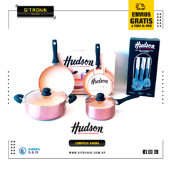 Set de Batería Hudson Ceramica Bronce 3 Pz + Panquequera + Kit Utensilios X6