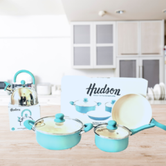 SET BATERIA HUDSON CERAMICA CELESTE+PAVA SILBADORA HUDSON MANGO CELESTE