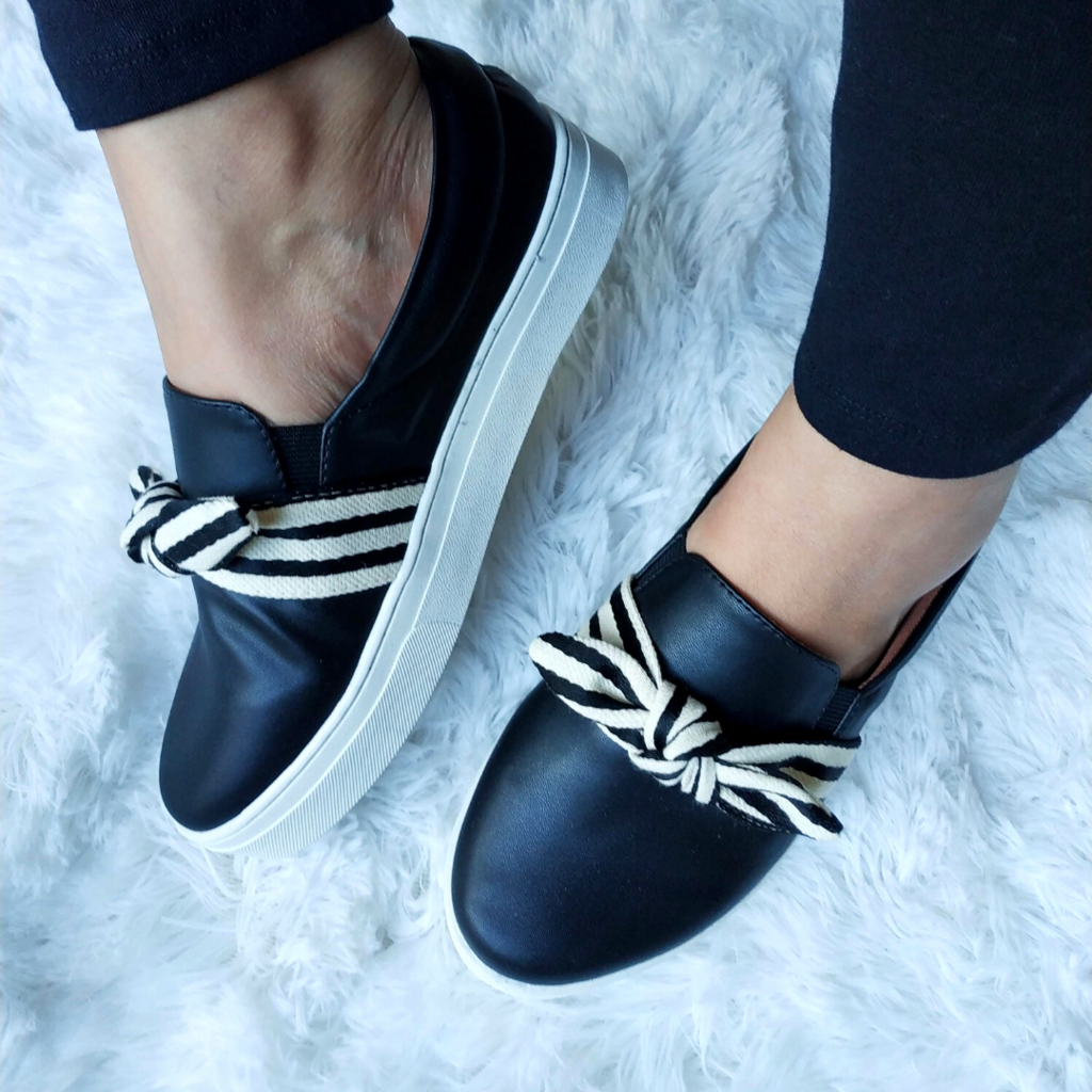 Slip on cheap preto laço