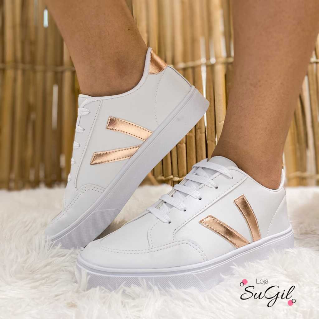 T nis Feminino Casual Branco com Rose Gold e Branco com Pink
