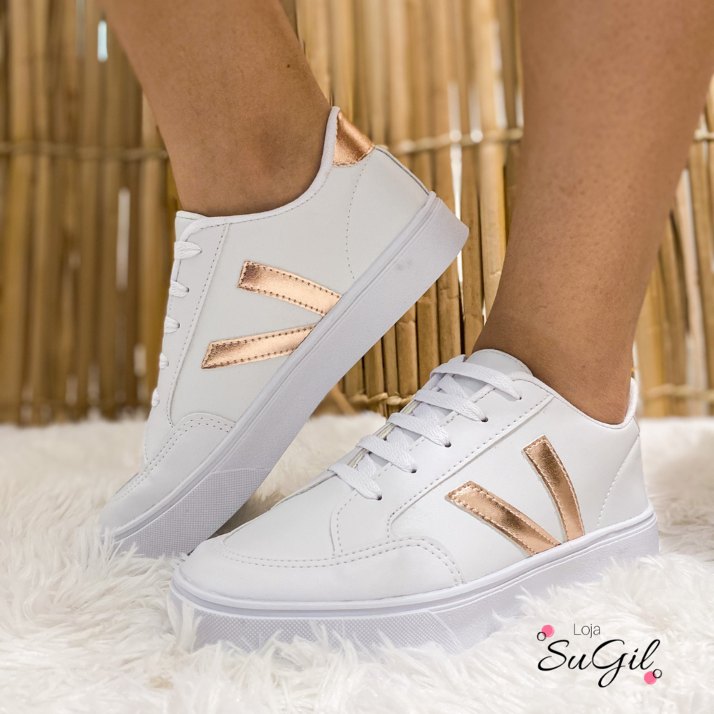 Tênis Feminino Casual Branco com Rose Gold e Branco com Pink