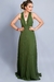 Vestido de festa longo plissado com detalhes no decote- Verde Oliva