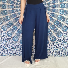 Calça Pantalona Wide Leg Com Bolso Boho Chic Azul Marinho