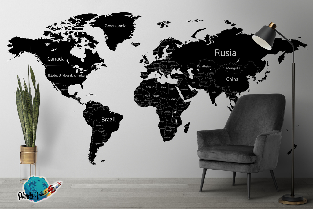 Vinilo adhesivo para pared con nombres de país, diseño de mapa del mundo,  color negro
