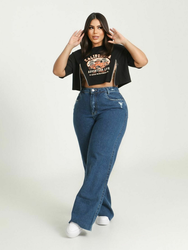 Calça Jeans Feminina Pantalona Plus Size