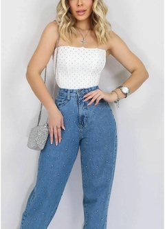 Calça Mom Jeans Luxo Marmorizada Brilho Strass na internet