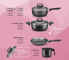 Batería Cocina Olla Cacerola Aluminio Teflón Safira 5 piezas Mta Negras - comprar online