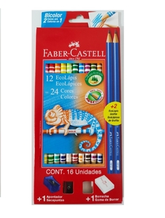 12 lápices largos 24 colores Faber Castell + 2 lápices 1 sacapuntas y goma de borrar