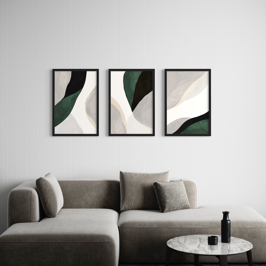 Set 3 con Marco - Abstractos Verde, Gris y Blanco